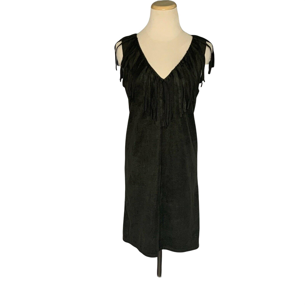C. Luce Dark Green faux suede Fringe Sheath Boho Mini Dress Size S
